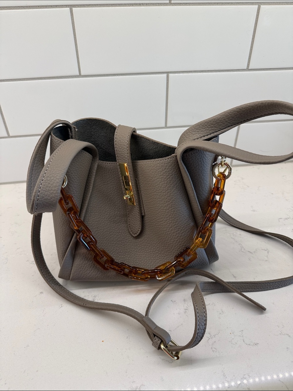NWOT Taupe faux Leather Crossbody Bag with Tortoiseshell Chain